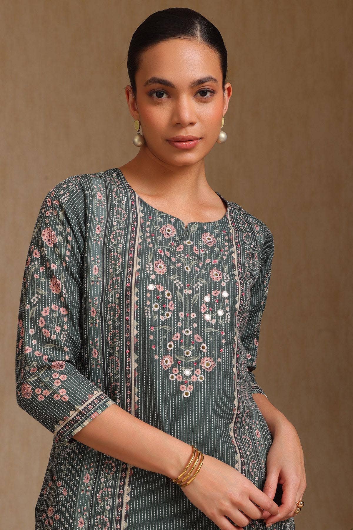 Olive Rayon Botanical Printed Kurta With Mirror Work - Image 1