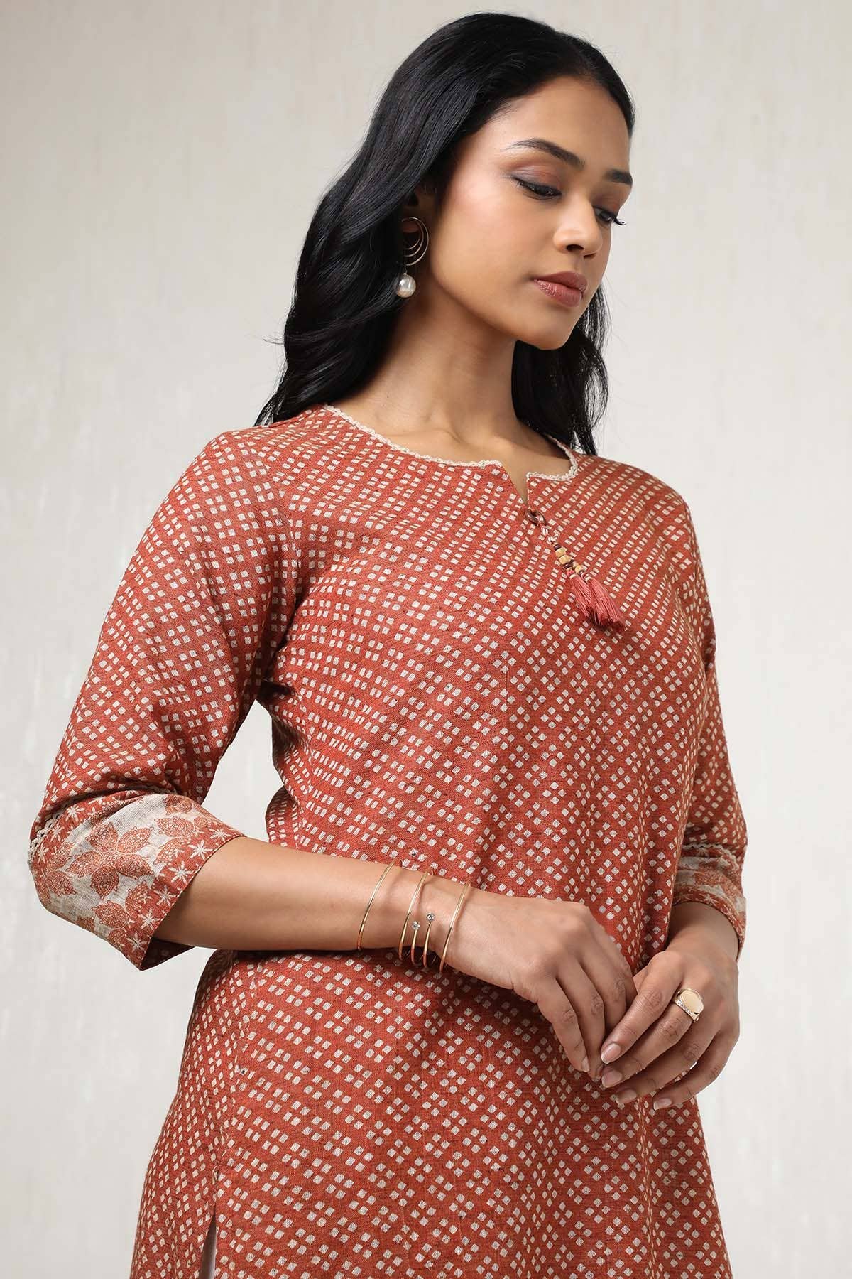 Rust Cotton Geometric Print Kurta With Tassels - Image 1