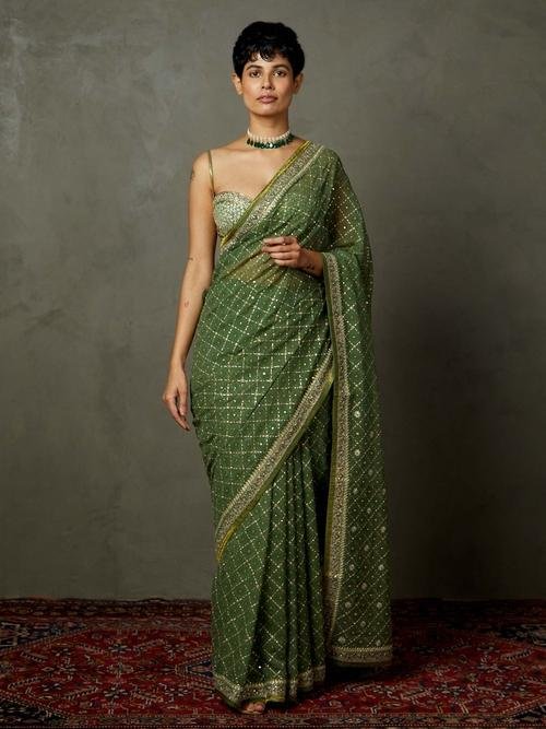 Khaki Rohira Saree With Unstitched Blouse - Image 1